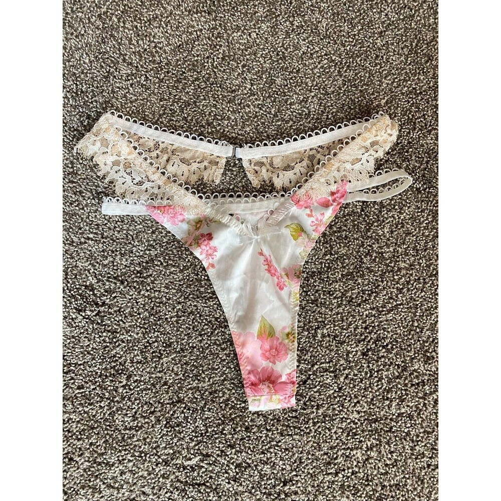 For Love & Lemons Romantic Satin Floral Lace Thong – Size Small